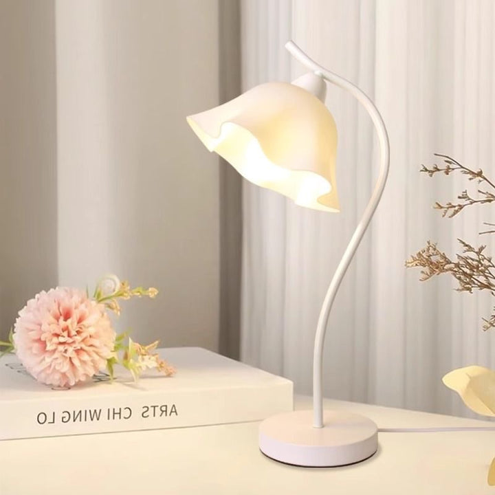 Ruffled Bell-Shade Bedside Table Lamp with Curved Stem Bowlift