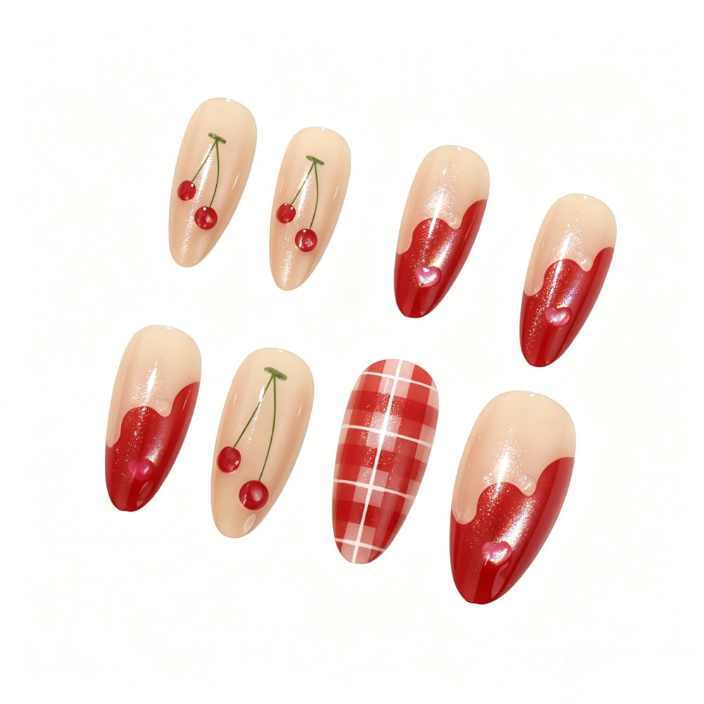 Artificial nails with romantic cherry and checkered pattern Bowlift