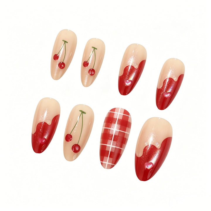 Artificial nails with romantic cherry and checkered pattern Bowlift