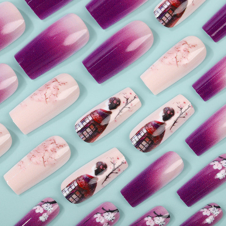 Elegant Artificial Nails Set with Ombre Design and Artistic Accents Bowlift