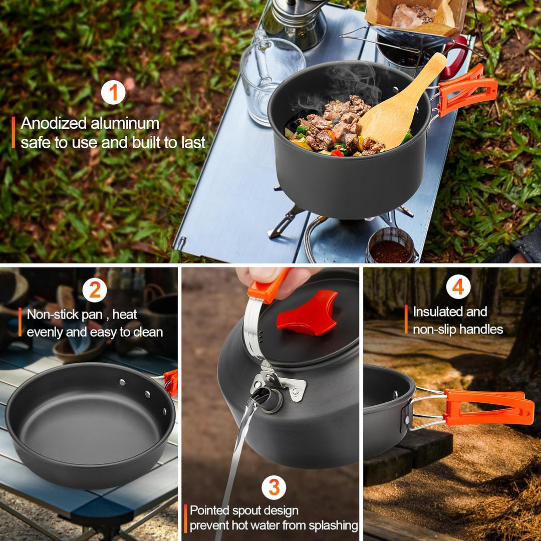 lightweight nonstick anodized aluminum camping cookware set with folding-handle pot and kettle, collapsible silicone cups, stainless plates and cutlery Bowlift
