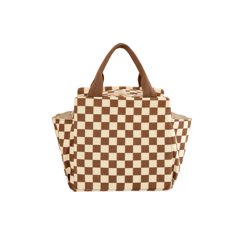 Structured Canvas Checkerboard Tote with External Side Pockets Bowlift