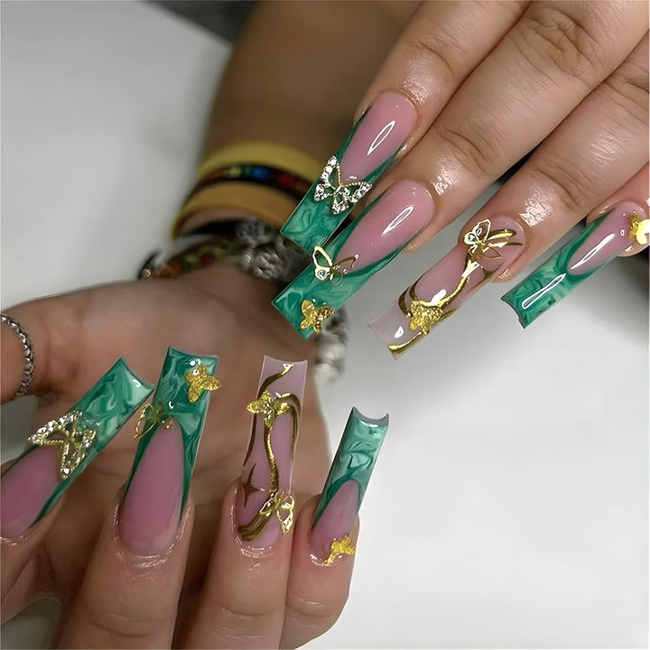 Artistic Long Press-On Nail Set with Butterfly and Gold Accents Bowlift