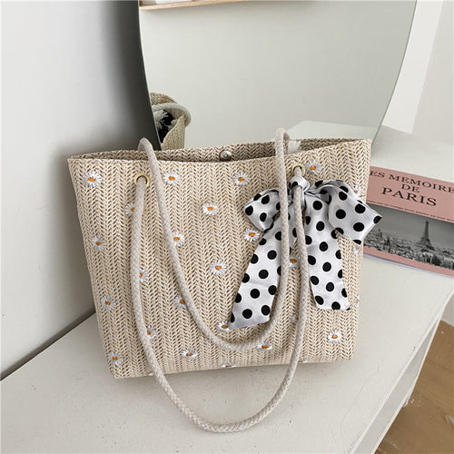 Straw Beach Tote Bag with Decorative Scarf