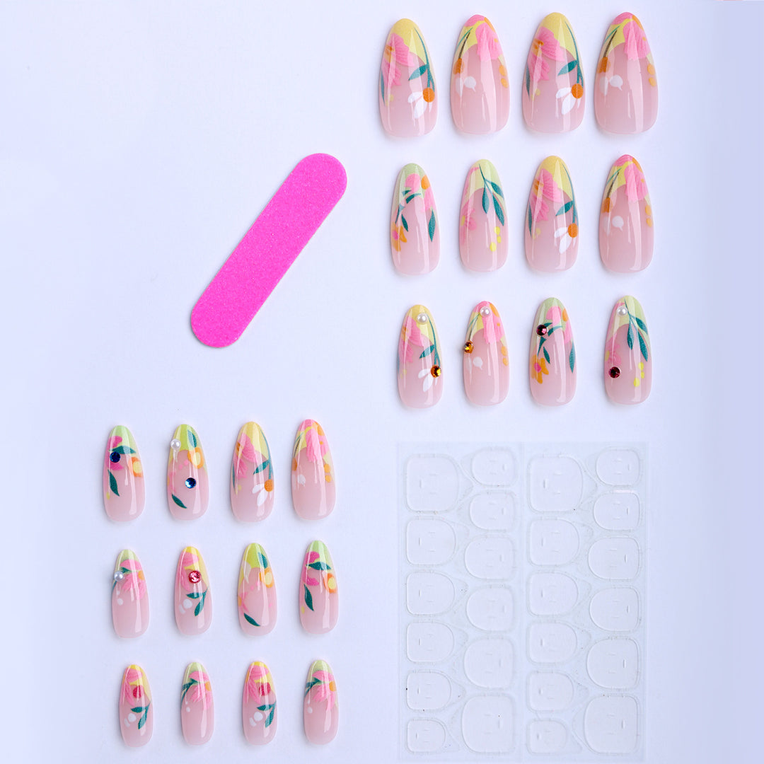 Artificial nails with flower design and glitter accents Bowlift