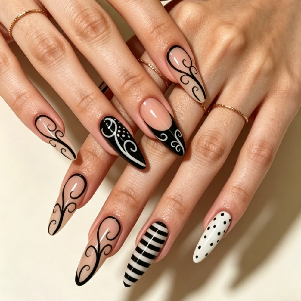Artificial nails with modern black and white design Bowlift