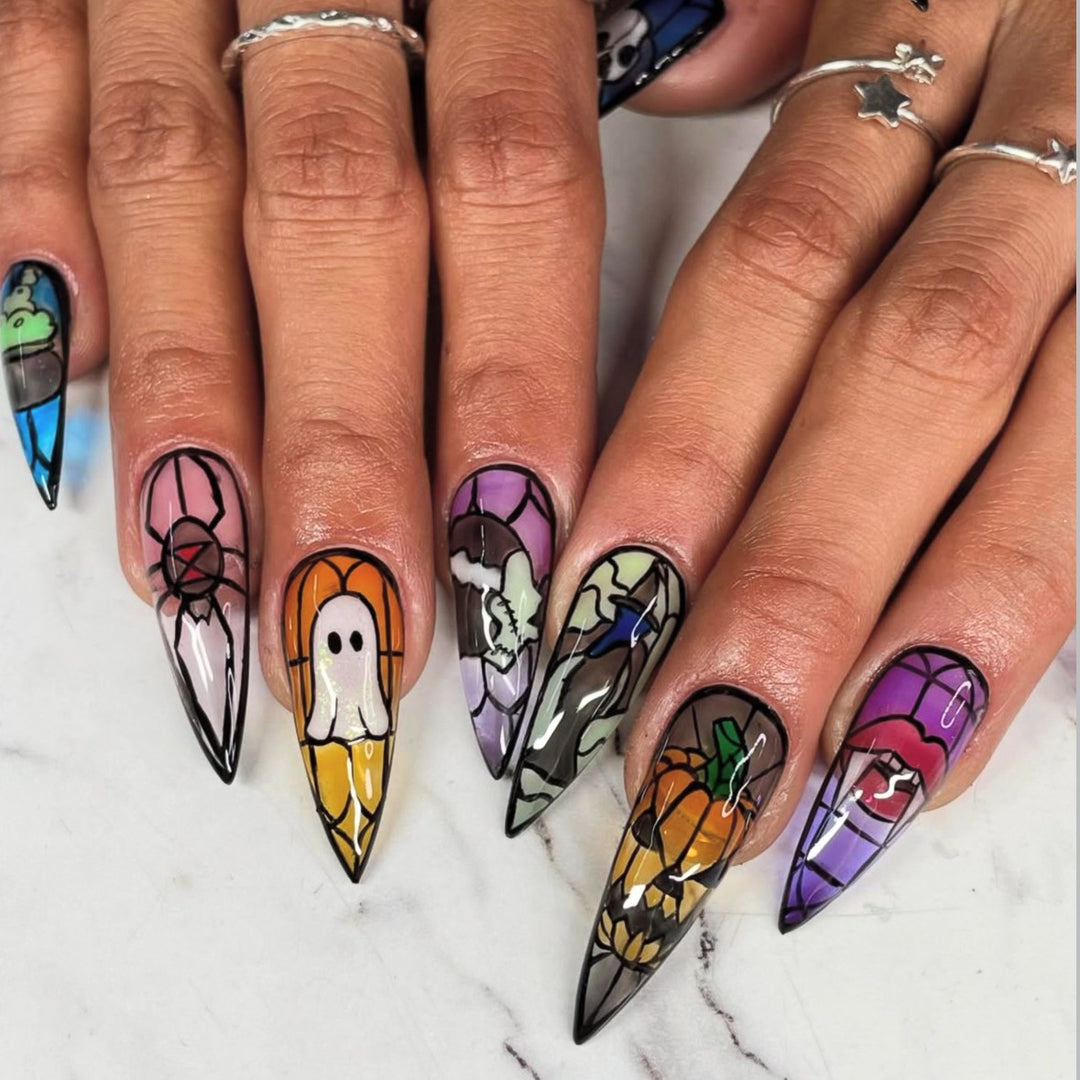 Artistic Halloween-Themed Stiletto Press-On Nails Bowlift