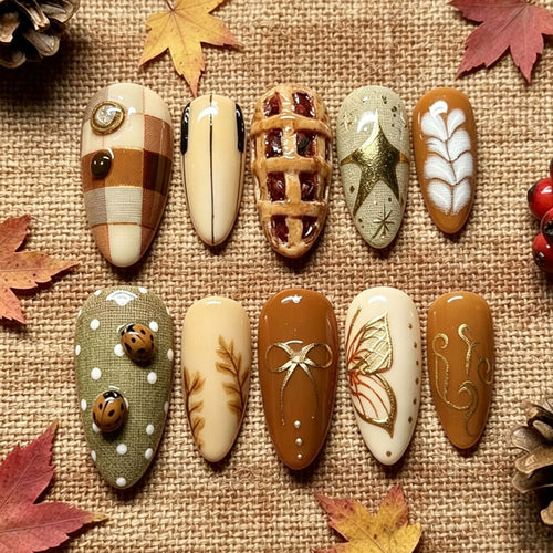 Artificial nail set with handcrafted botanical patterns and elegant accents Bowlift