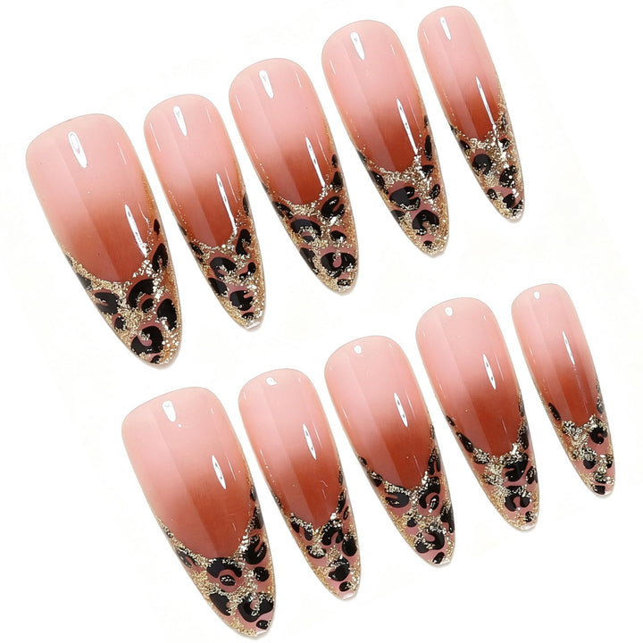 Elegant Stiletto Nail Art Set with Gold and Leopard Accents Bowlift