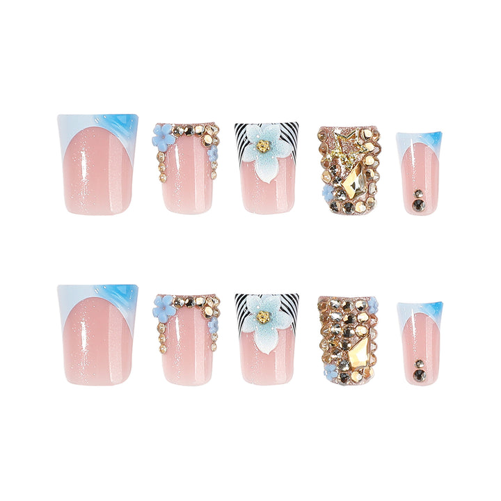Artful Nail Extensions with Floral Design and Glitter Bowlift