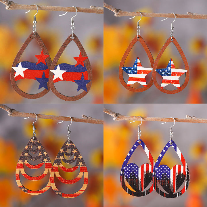 Women's nan patriotic teardrop wooden dangle earrings with star stripe cutout Bowlift