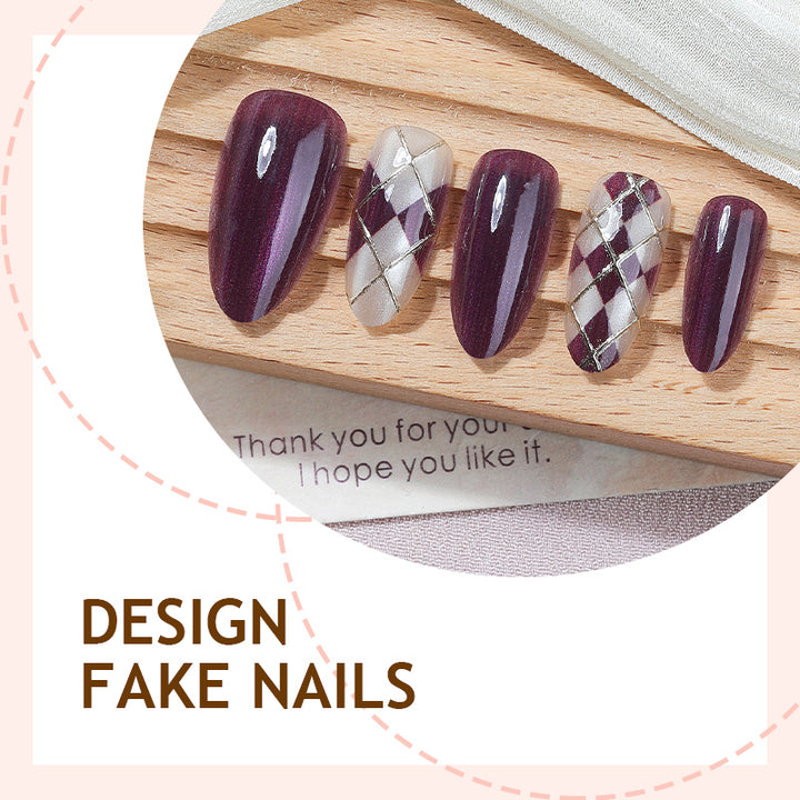 Artificial nail set with elegant checkered pattern and deep shine Bowlift
