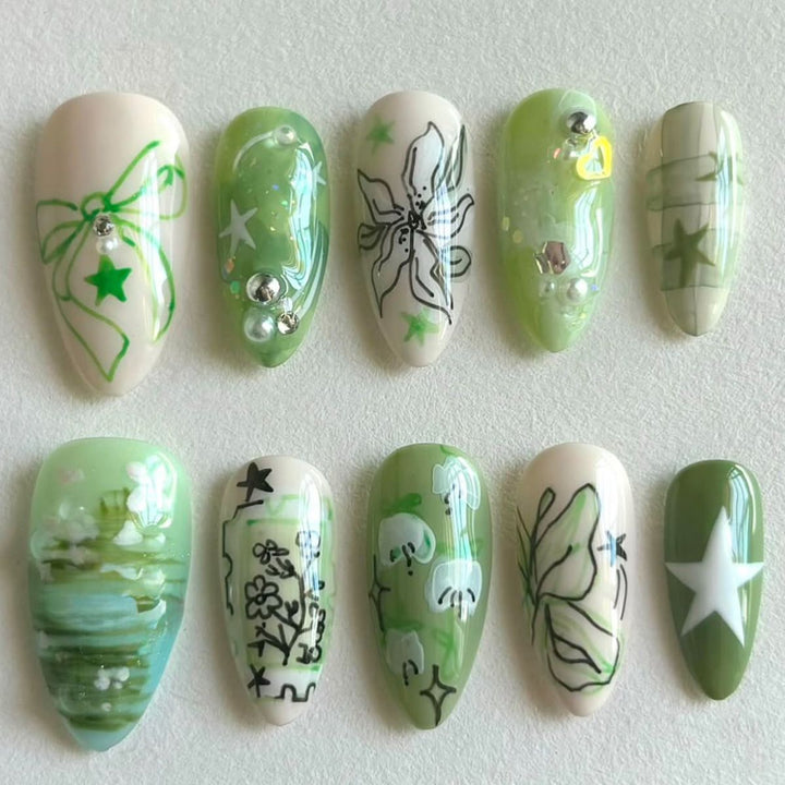 Artistic Green-Themed Nail Enhancements Bowlift