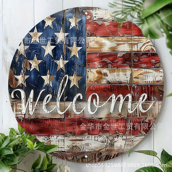 Independence Day rustic round wooden patriotic cross wall plaque with floral accents and God Bless America banner Bowlift