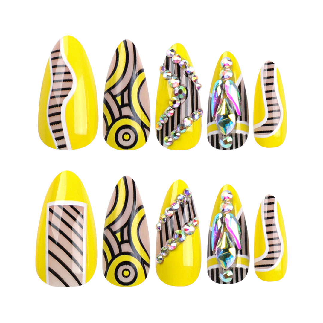 Artful nail extensions with geometric design and glitter accents Bowlift