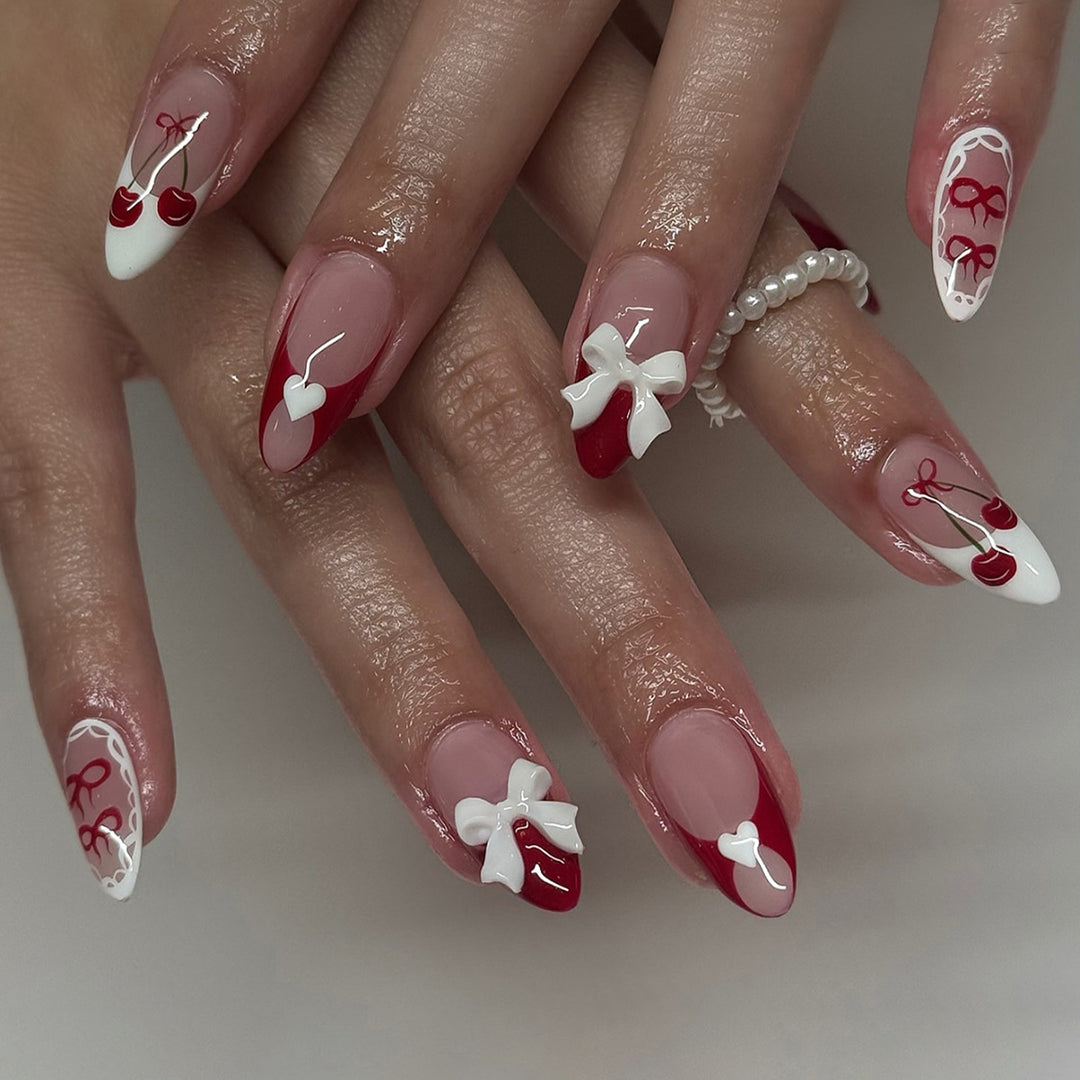 Decorative Press-On Nail Art Set with 3D Bow and Cherry Designs Bowlift