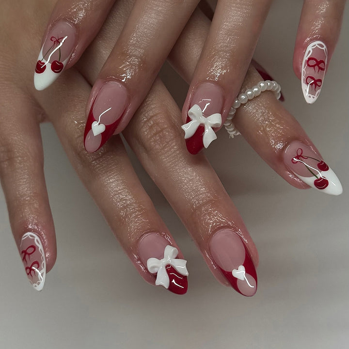 Decorative Press-On Nail Art Set with 3D Bow and Cherry Designs Bowlift