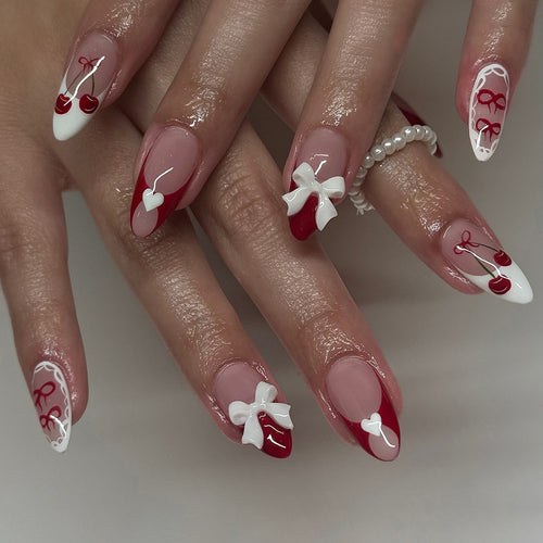 Decorative Press-On Nail Art Set with 3D Bow and Cherry Designs Bowlift
