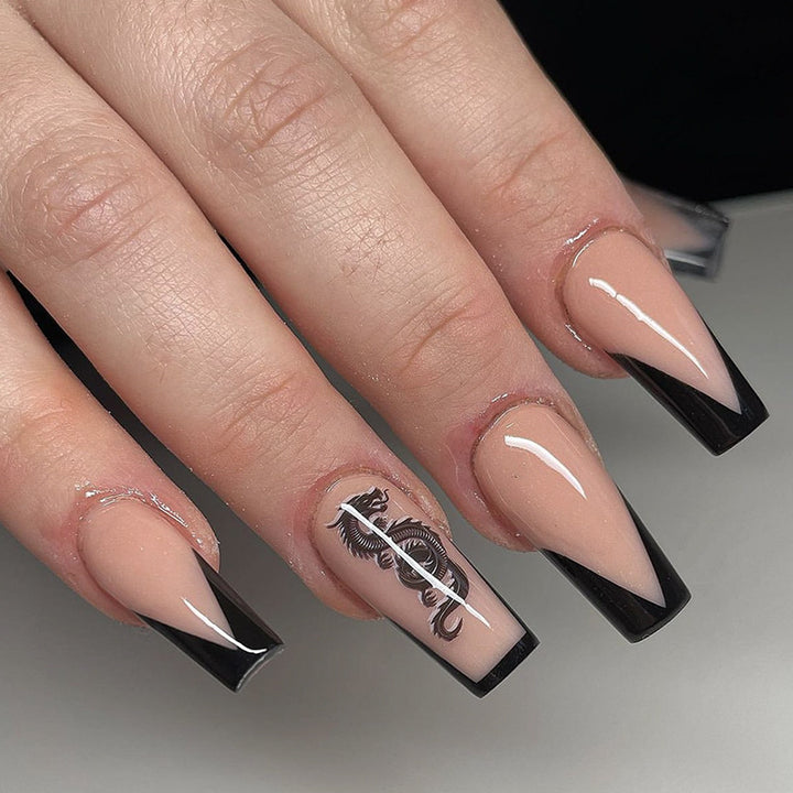 Artistic Nail Art with Black French Tip and Underground Patterns Bowlift