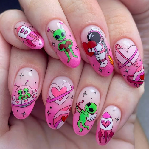 Whimsical Alien-Themed Press-On Nail Art Bowlift