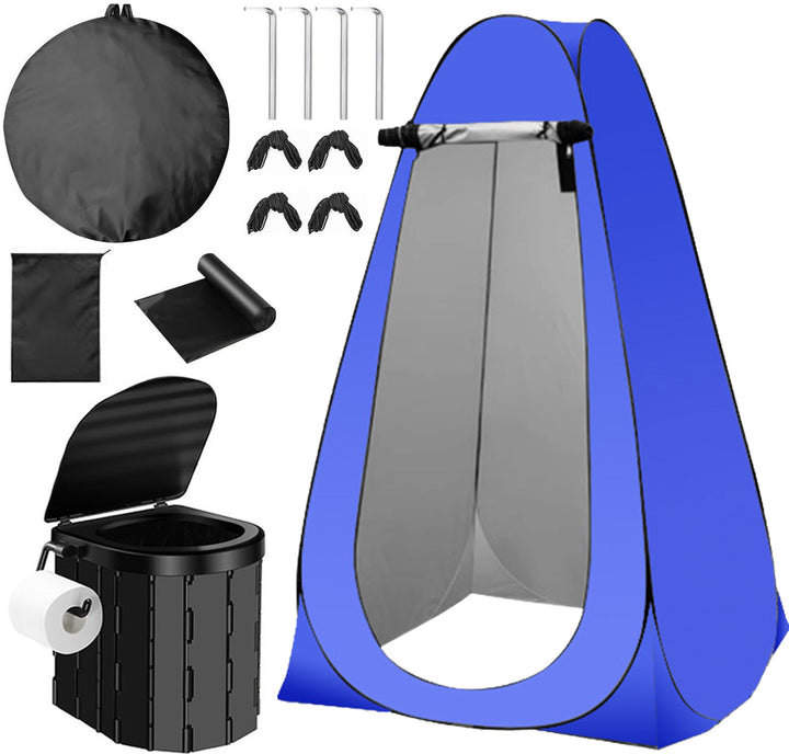 Portable pop-up privacy tent and collapsible camping toilet kit with full accessory set Bowlift