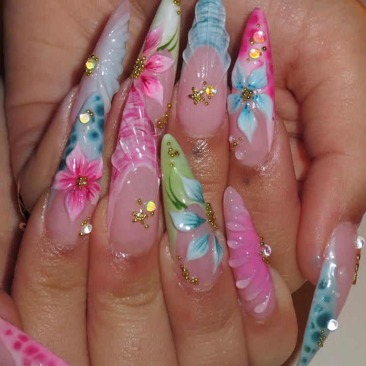 Artistic 3D Floral Acrylic Nail Extensions Bowlift