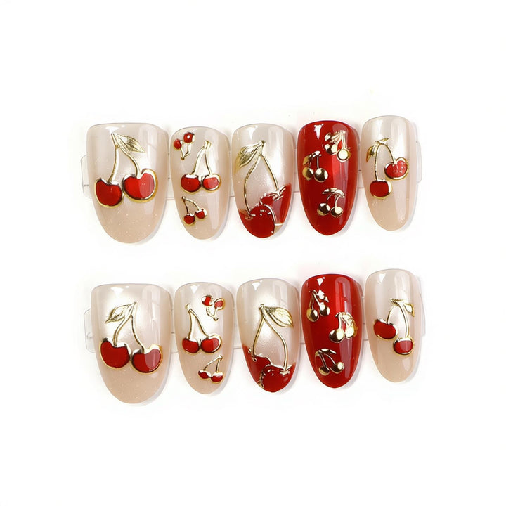 Artistic Cherry-Themed Press-On Nail Set Bowlift