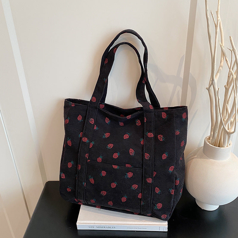 Playful Strawberry Print Corduroy Tote Bag Bowlift