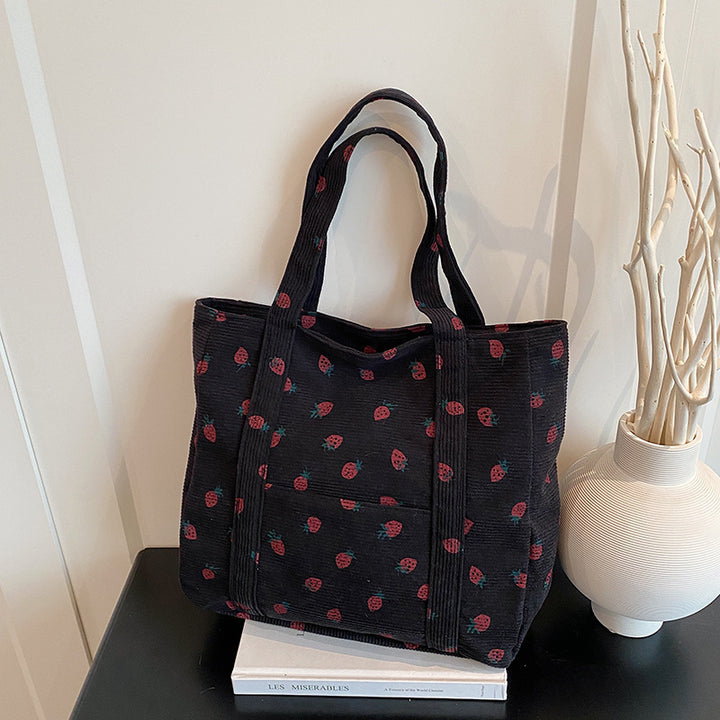 Playful Strawberry Print Corduroy Tote Bag Bowlift