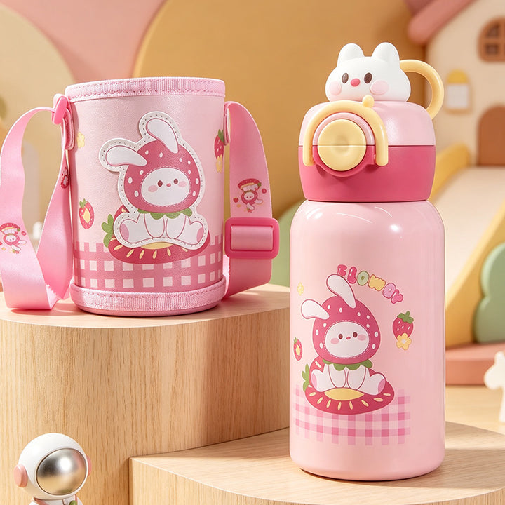 Women's insulated drinking bottle with cute dog design and practical carrying strap Bowlift