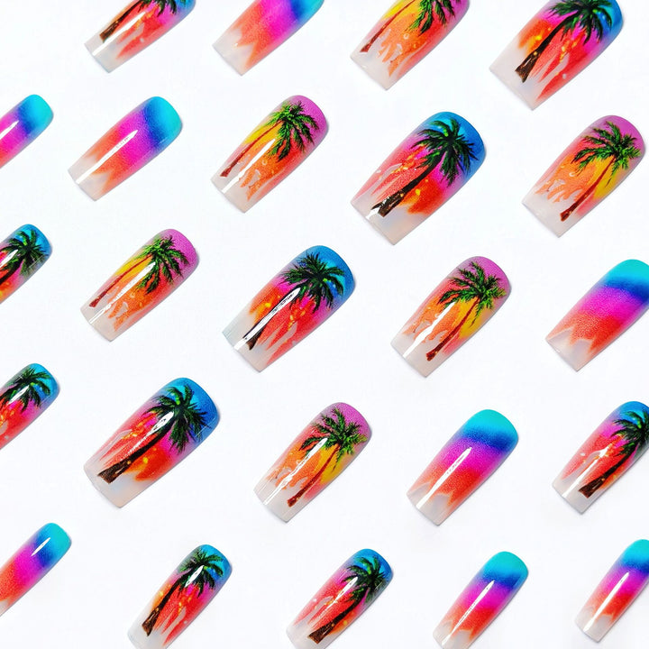 Artificial nails with tropical palm and sunset design Bowlift