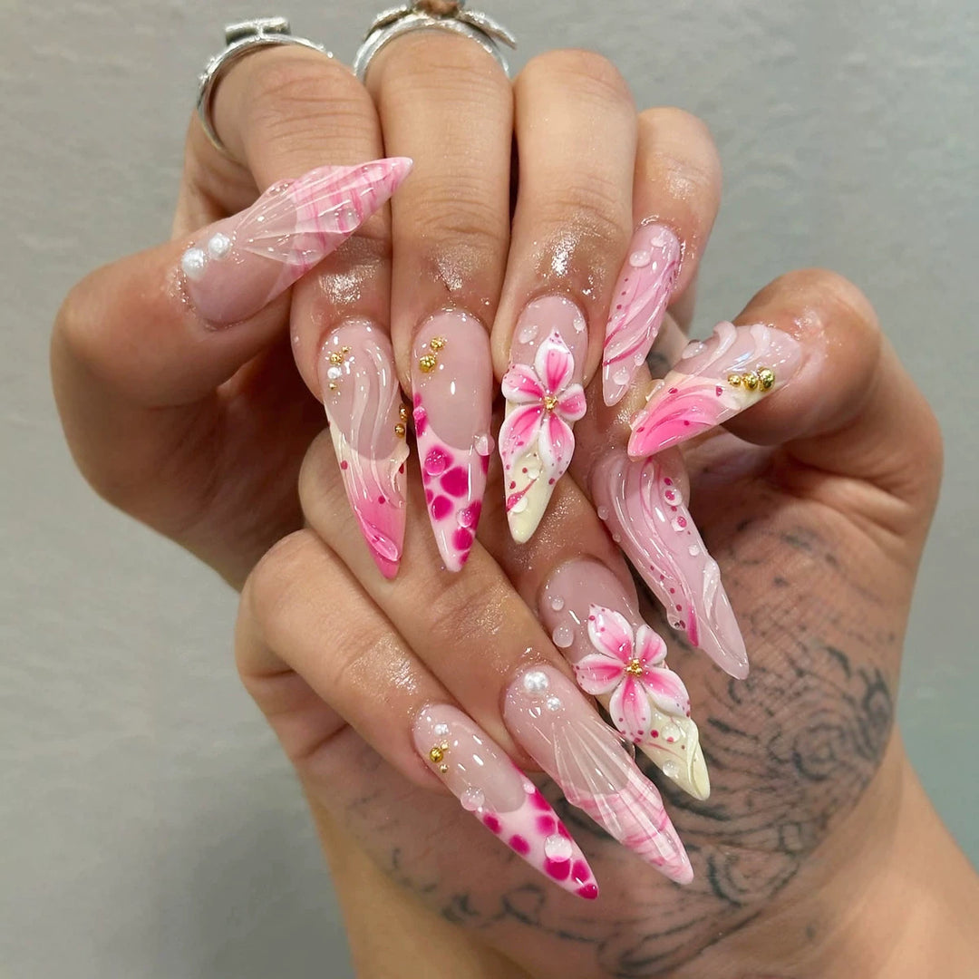 Floral Stiletto Press-On Nail Set with Artistic Design Bowlift