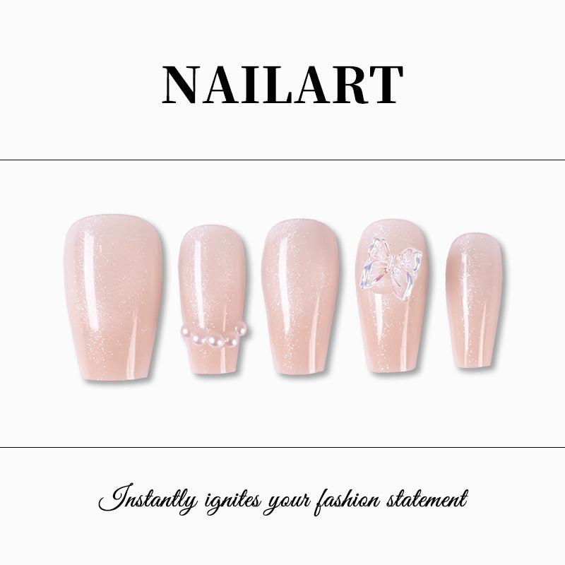 Artificial nails with elegant butterfly accents and glittering coating Bowlift