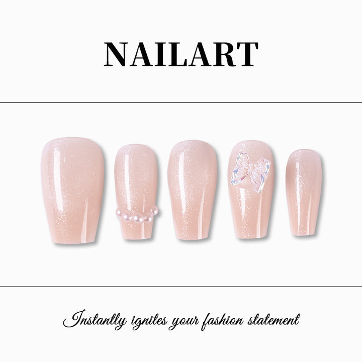 Artificial nails with elegant butterfly accents and glittering coating Bowlift