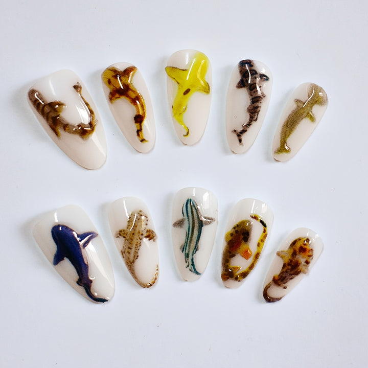 Artistic Shark-Themed Press-On Nail Art Bowlift