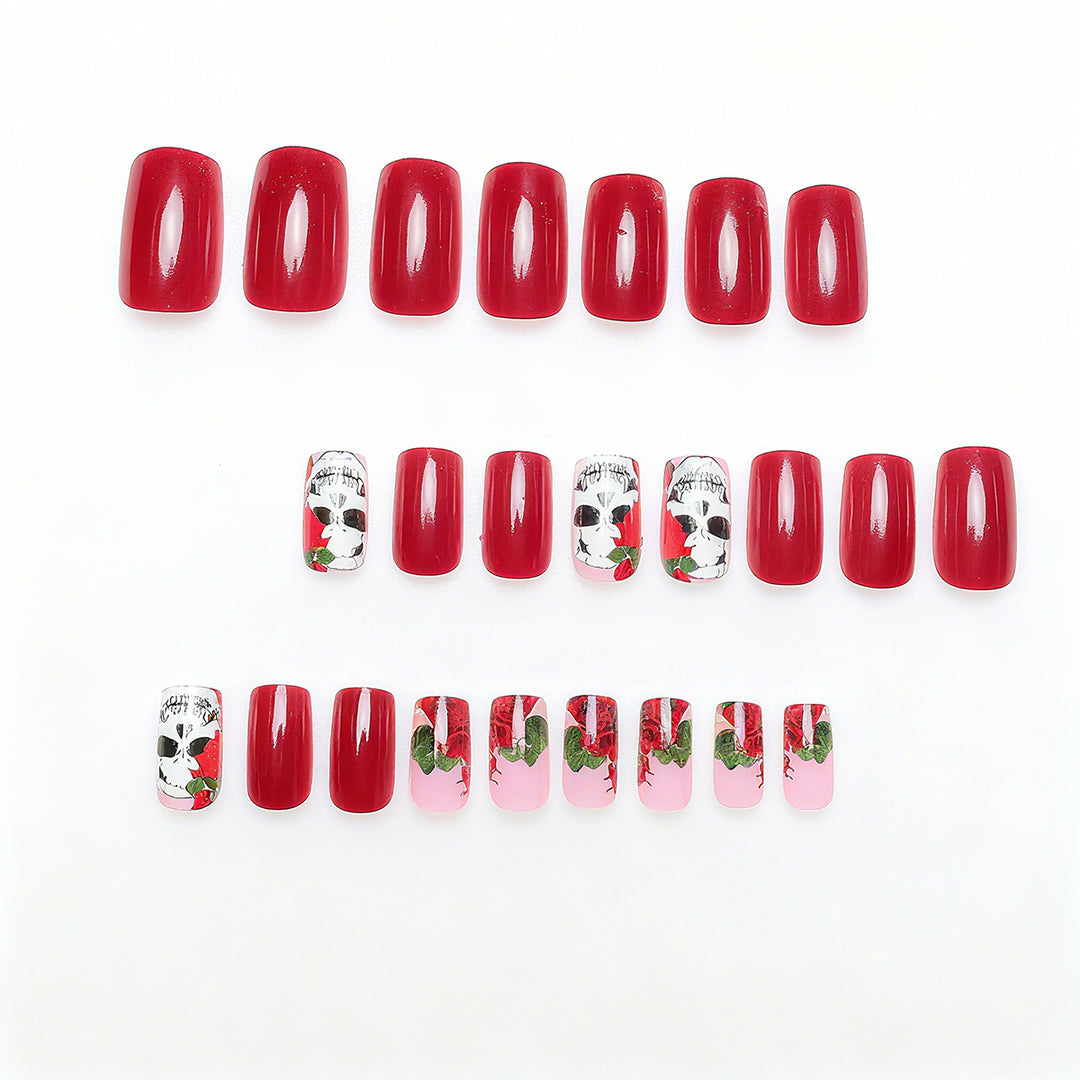 Artistic Nail Tips with Skull and Rose Pattern Bowlift