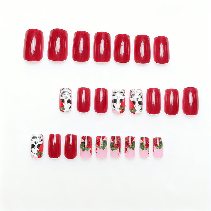 Artistic Nail Tips with Skull and Rose Pattern Bowlift