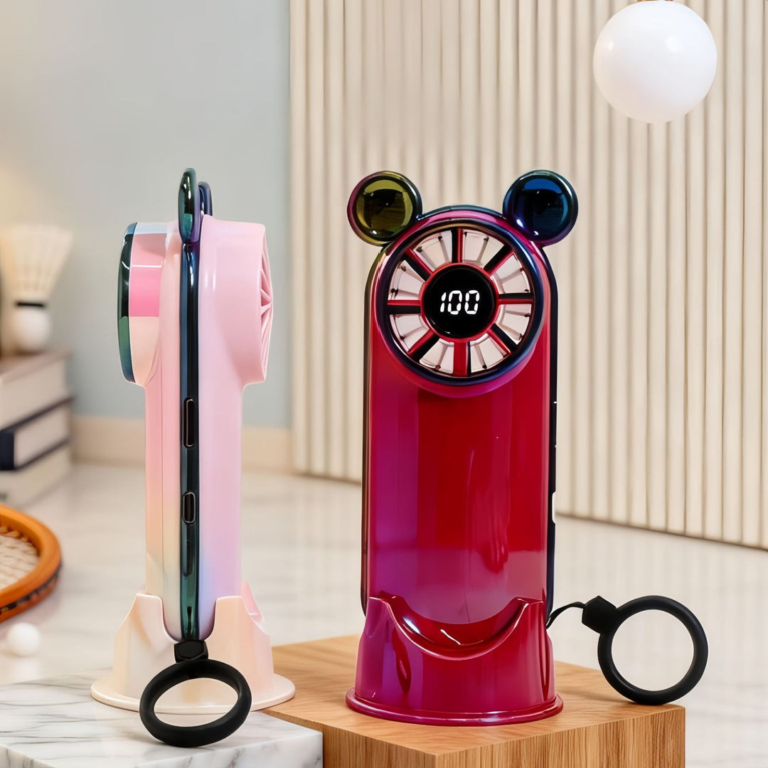 Women's Portable Mini Fan with Digital Display and Animal Ears Bowlift