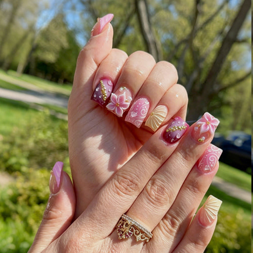 Premium Artistic Press-On Nail Set with Decorative Floral Elements Bowlift