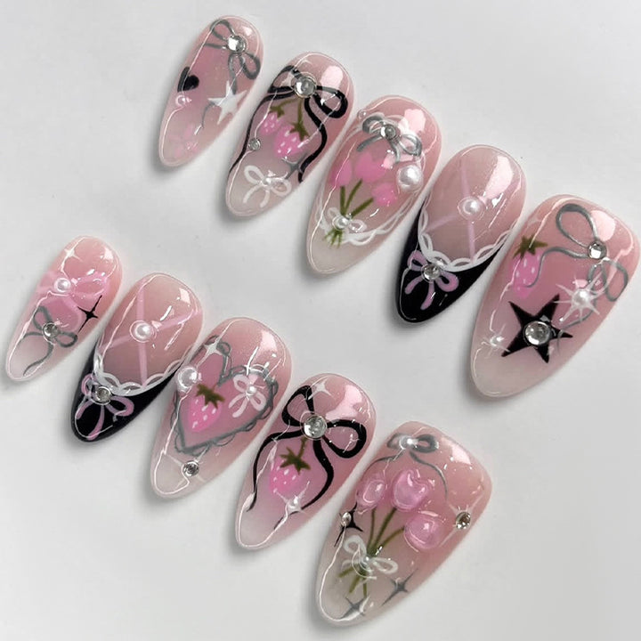 Decorative Press-On Nail Art Set with Bow and Star Designs Bowlift