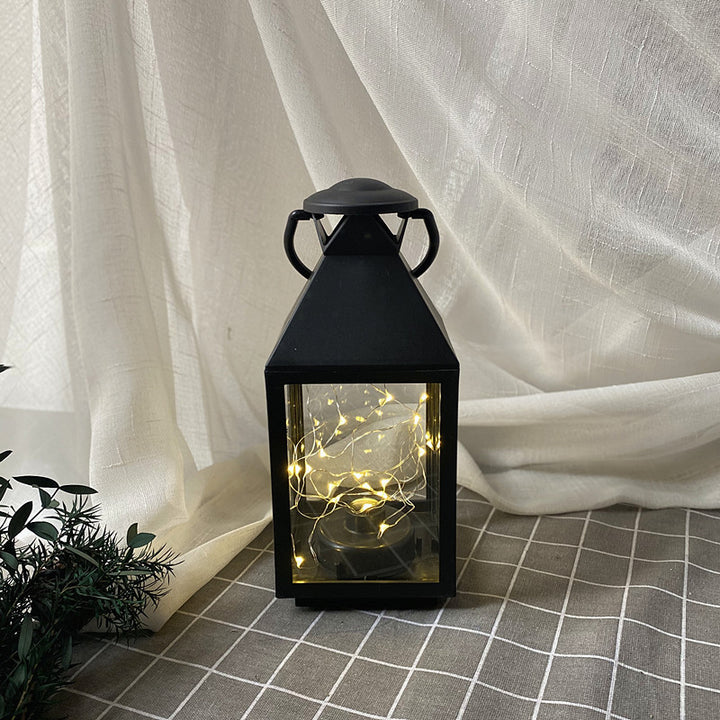 Decorative Metal and Glass Lantern with Warm LED Fairy String Lights Bowlift