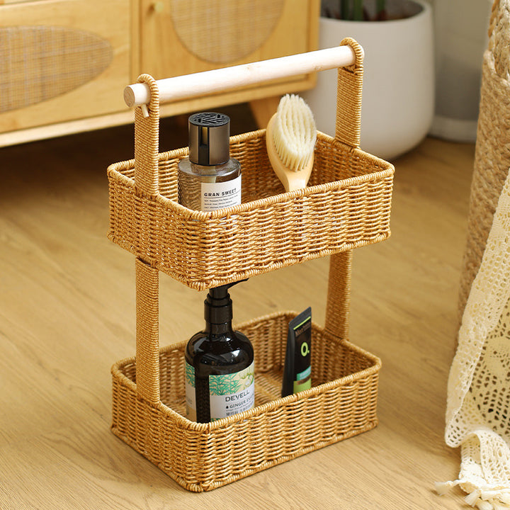 Unisex Two-Tier Storage Basket with Wooden Handle Bowlift