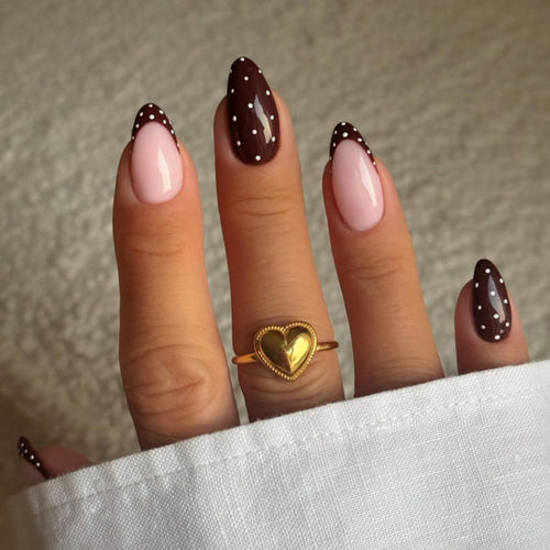 Artistic Press-On Nail Set with Heart and Polka Dot Design Bowlift