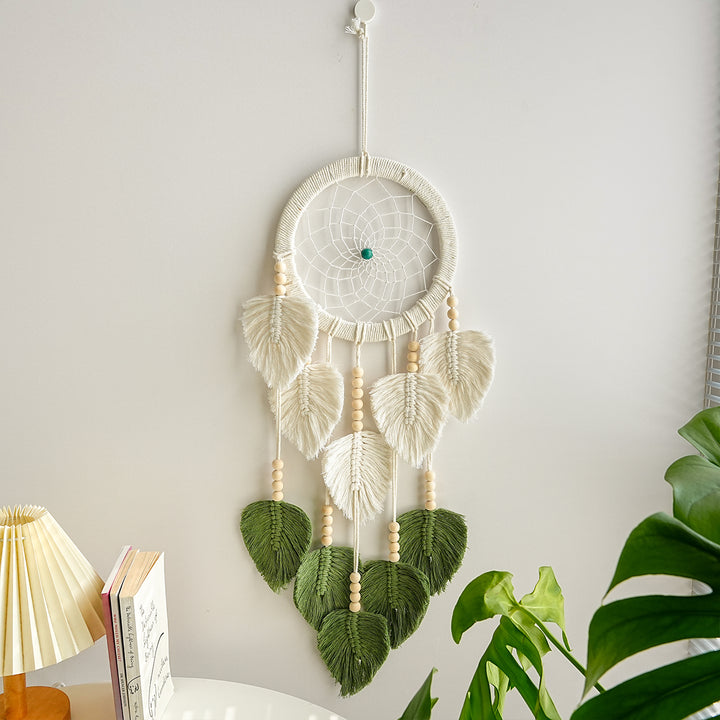 Bohemian Macrame Dreamcatcher Wall Hanging with Cotton Leaf Tassels and Wooden Beads Bowlift
