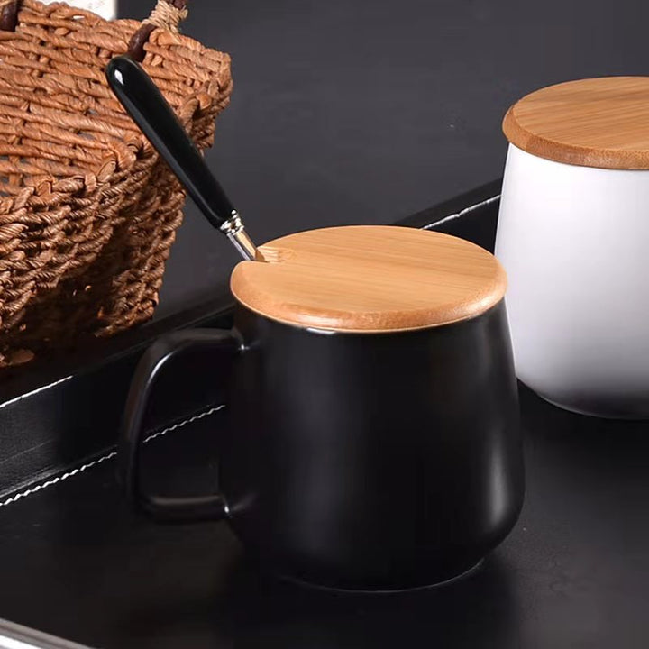 Matte Ceramic Insulated Coffee Mug Gift Set with Wooden Lid and Stainless Spoon Bowlift