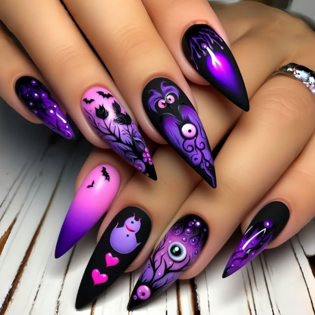 Gothic Halloween-Inspired Stiletto Nail Art Extensions Bowlift