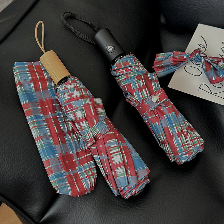 Women's Folding Umbrella in Modern Check Pattern Bowlift