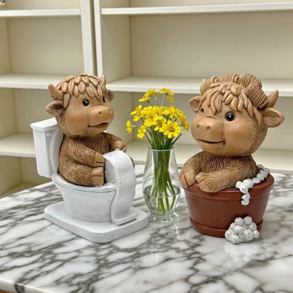 Funny decorative figure of a Highland cow on toilet Bowlift