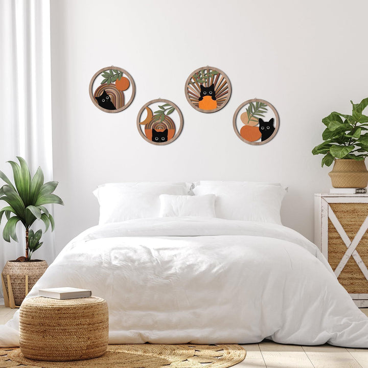 Round Boho Cat Laser-Cut Wooden Wall Art Hanging Plaque Set Bowlift