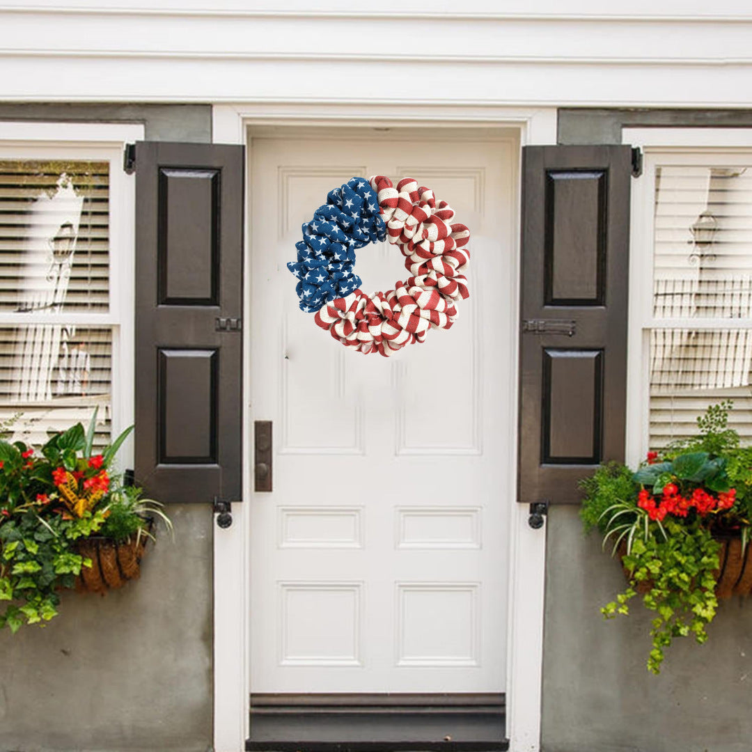 Unisex nan patriotic burlap wreath with ruffled looped design and stars and stripes motif for front door Bowlift